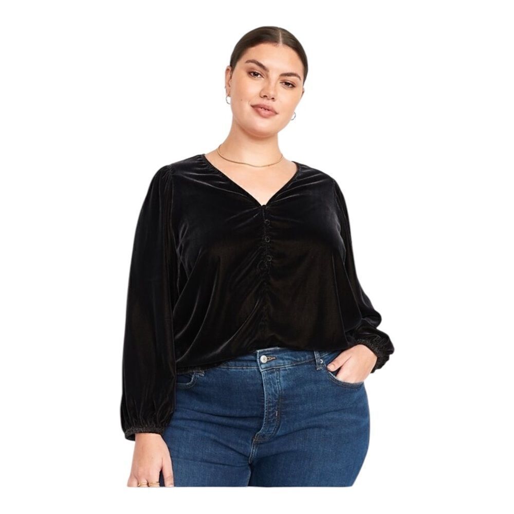 Old Navy Black Jack Velvet Blouse Button Long Puff Sleeves Plus Size XXL NWOT